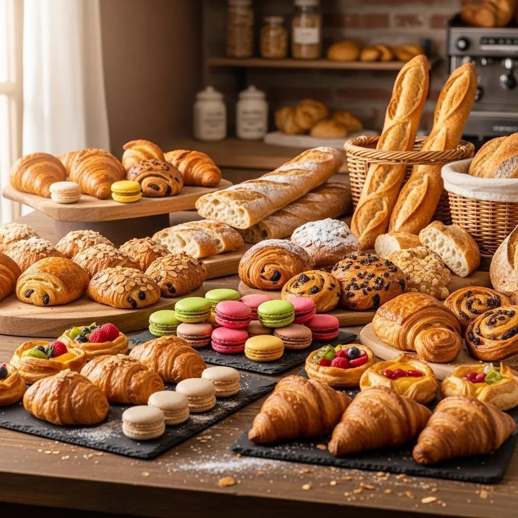 Assorted French pastries and artisan breads displayed on a rustic table, highlighting the bakery's offerings